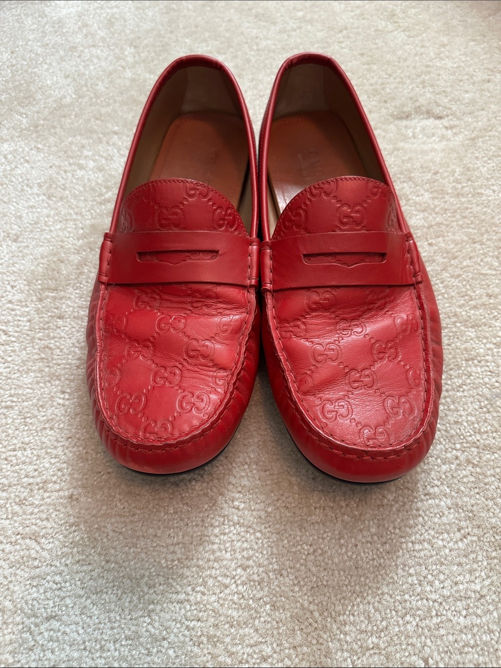 Gucci Red Embossed GG Penny Loafers